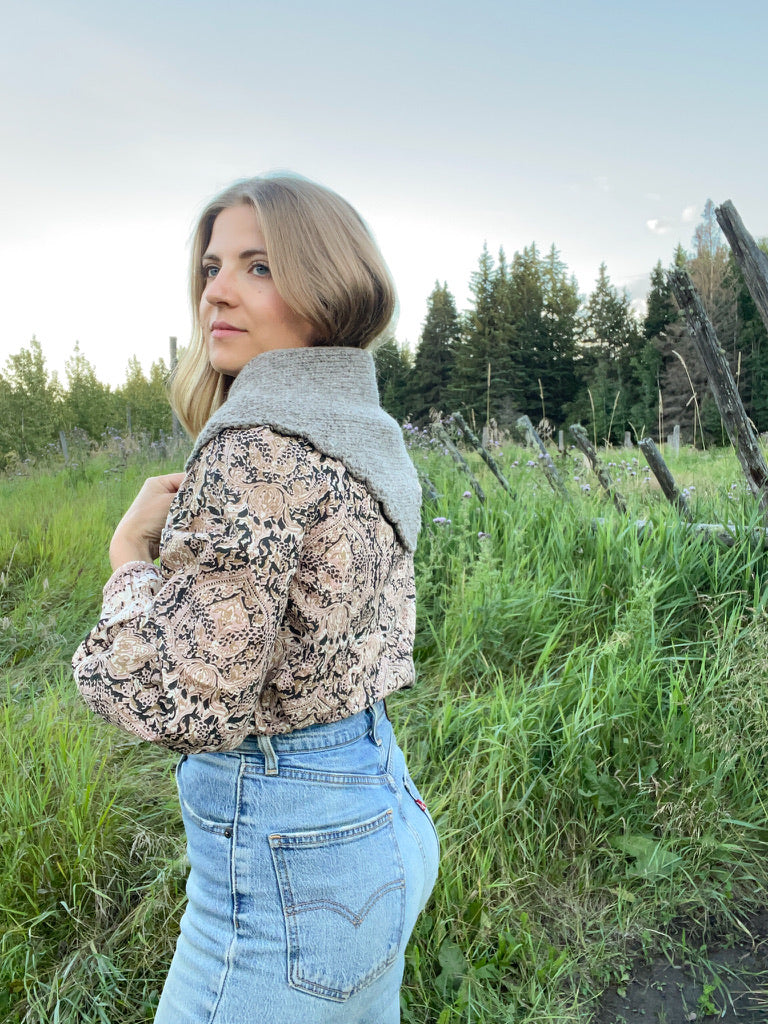 Drift Kerchief in natural wool, styled as neck scarf