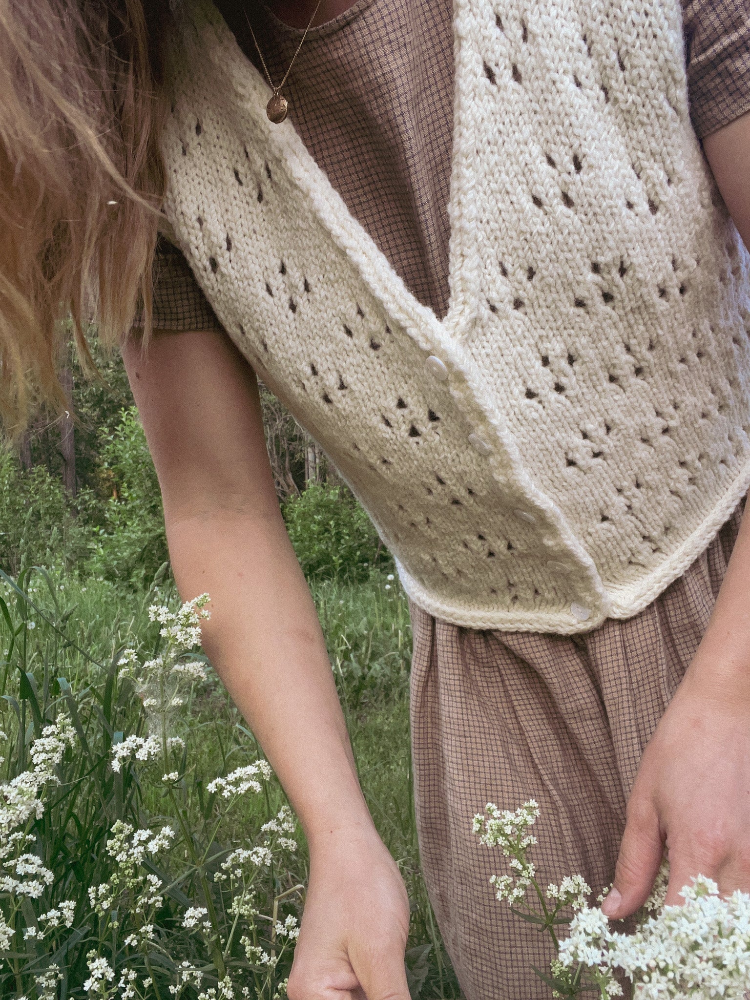 Aspen Lace Button-up - Sleeveless white wool vest with eyelet knit and buttons