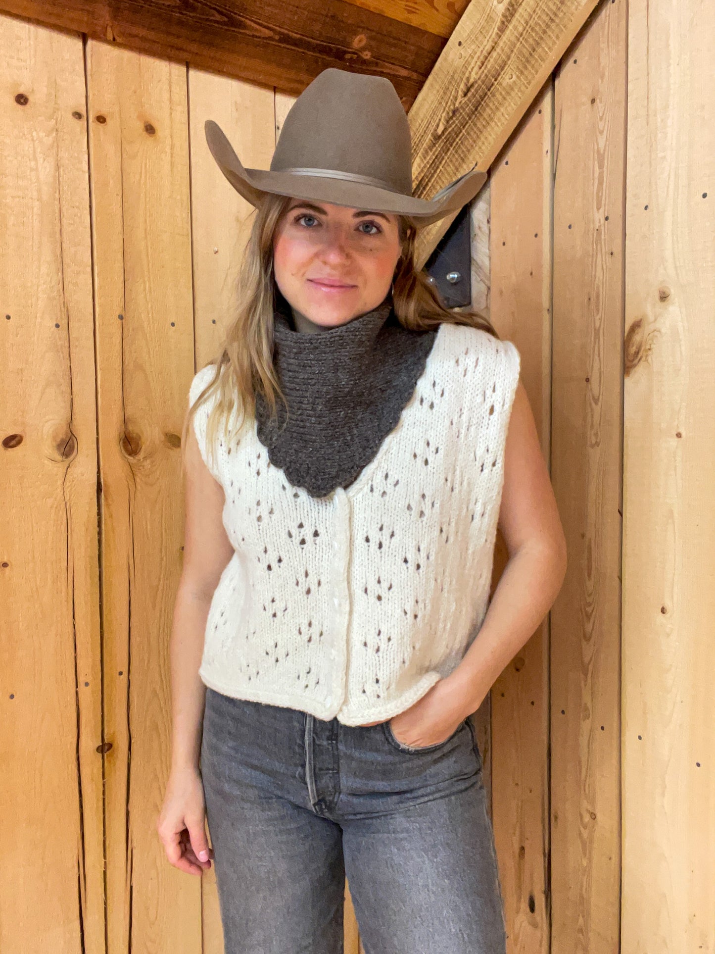 Drift Kerchief in natural wool, styled as neck scarf