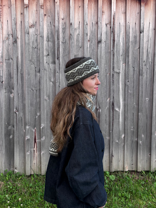 Woman wearing geometric colourwork knit headband