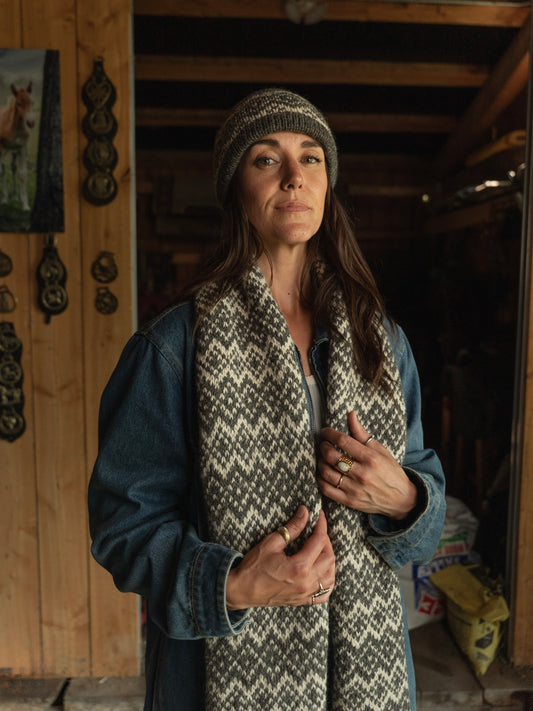 Woman wearing geometric colourwork pattern wool scarf and headband