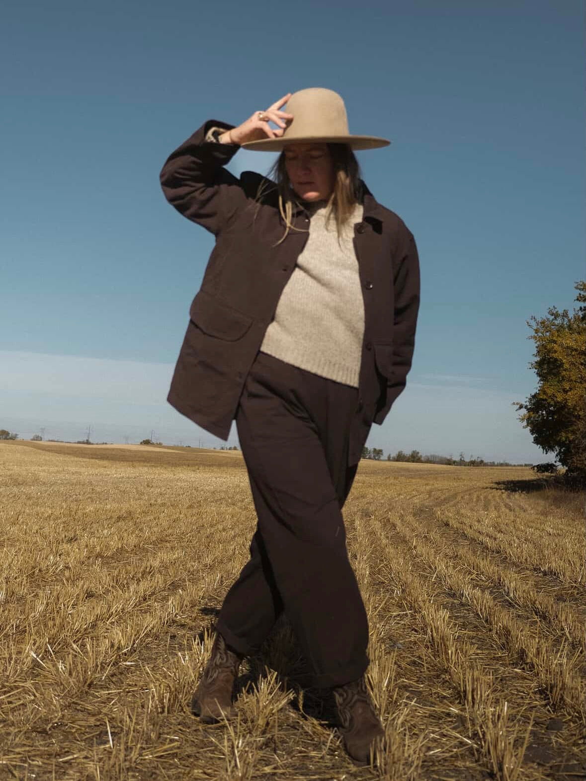 Person wearing a brown coat, grey sweater, and wide-brimmed hat standing in a field.